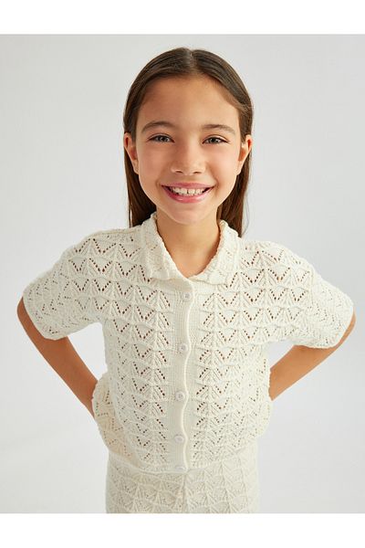 Koton Short Sleeve Openwork Polo Neck Button Closure Knitwear Cardigan
