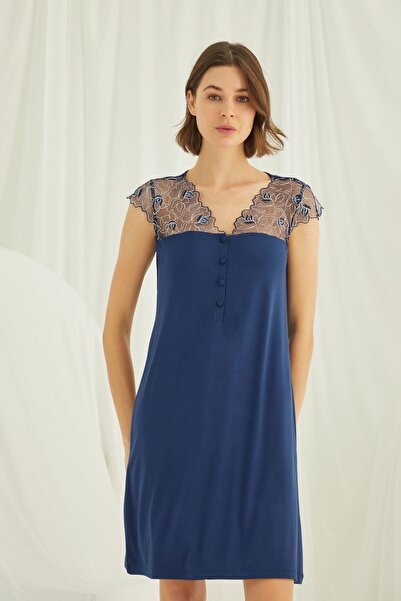 MONAMİSE Cămașă de noapte pentru femei Monamise, cu mâneci și umăr brodate, cu nasturi în față, 19291