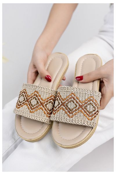 Modafırsat Women's Casual Slippers Tan Knit Lace Knitwear Straw Knitted Stylish Summer Home Beach Vacation Street Slippers