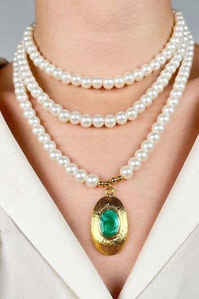 Sose Moda Green Three Rows Pearl Design Gold Plated Necklace