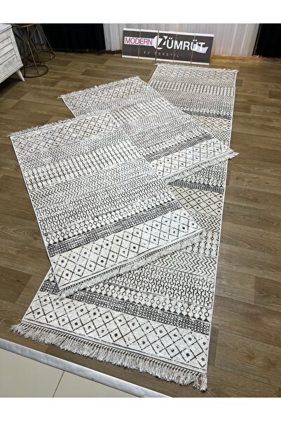 Zümrüt Ev Tekstil Yazlık Halı Dijital Baskılı Makinede Yıkanabilir Dot Taban Yatak Odası Seti İska Kahve