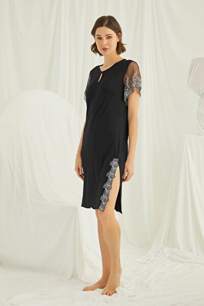 MONAMİSE Women'S, Neckline Detailed Brode Lace Slit, Black Nightgown
