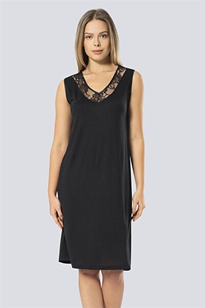 TÜREN Women's Black Lace V-Neck Nightgown 3285