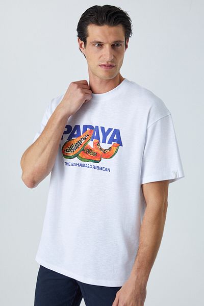 GRIMELANGE Papaya Men's Back Print White T-Shirt