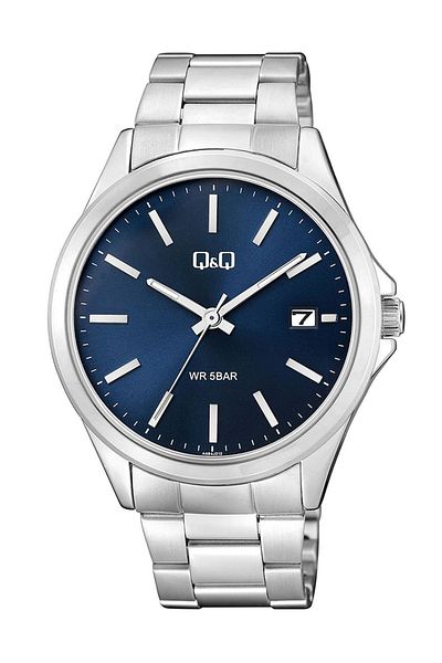 Q&Q Striped Navy Blue Silver Steel Band Calendar Men's Wristwatch