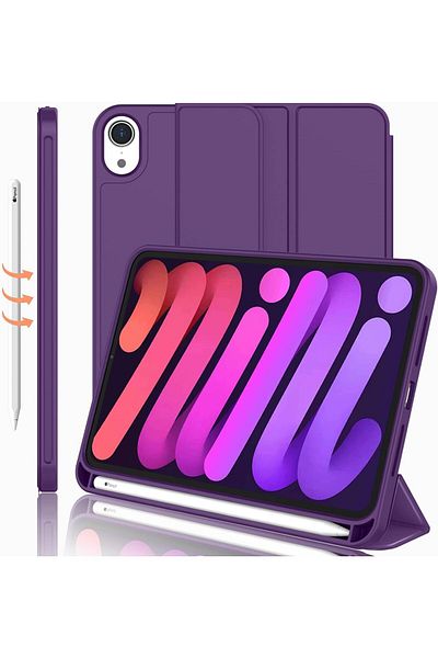 AWH حافظة iPad Mini6 مقاس 8.3 بوصة 2021، الجيل السادس مع حامل قلم، حامل ثلاثي الطيات، إيقاظ/سكون تلقائي، أرجواني داكن