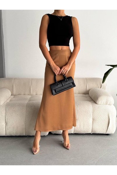 Moda Asrın Camel İthal Saten Midi Etek