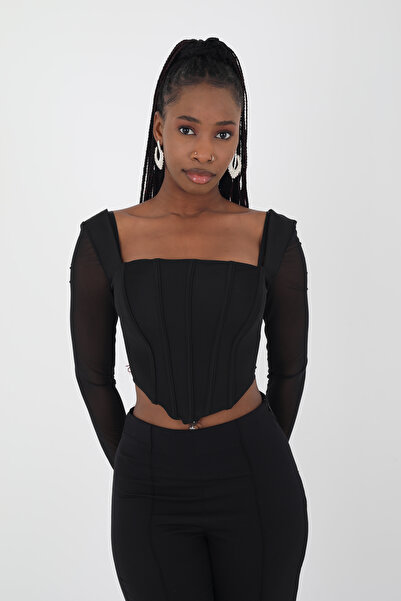 Viskosa Kolları Tül Korsaj Siyah Balenli Bluz