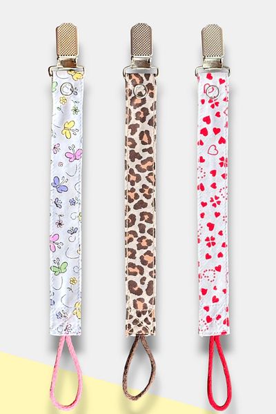 JMB Just My Baby Pacifier Strap - 3-Piece - Butterfly/Leopard/Heart - Figured