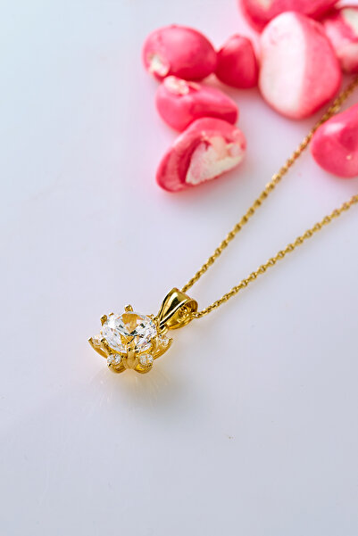 Nilvera Kuyumculuk 14 Ayar Altın Lotus Çiçeği Tektaş Kolye, Işıklı Mücevher Kutusuyla