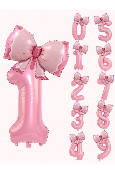 MERİ PARTİ Pink Numeral Follyo Balloon and Bow Set for Birthday - Age Options