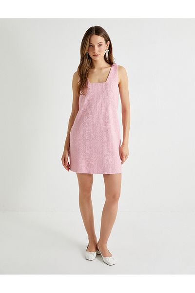 Koton Tuba Unusal Mini Tweed φόρεμα - Αμάνικο, λεπτομέρεια ώμου με φιόγκο