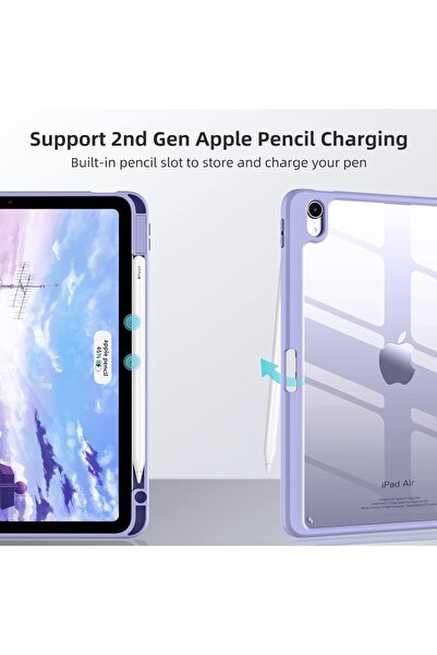 AWH حافظة لجهاز iPad Air الجيل الخامس/الرابع مقاس 10.9 بوصة مع حامل قلم، غطاء ذكي رفيع، ظهر شفاف - لافندر
