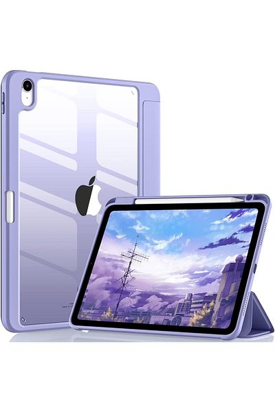 AWH حافظة لجهاز iPad Air الجيل الخامس/الرابع مقاس 10.9 بوصة مع حامل قلم، غطاء ذكي رفيع، ظهر شفاف - لافندر