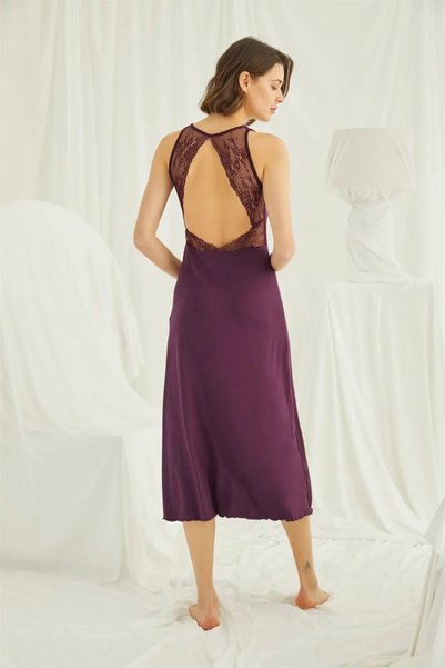 MONAMİSE Women's Burgundy Chest and Back Decorated Brode Lace Slit Nightdress 19226