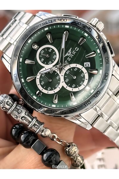 FERRO Functions Active, Silver Color Steel Band, Green Dial Men's Wrist Watch Rosary Bracelet