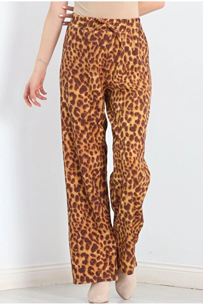 cacobutik Kadın Leopar Baskılı Bürümcük Kumaş Pantolon