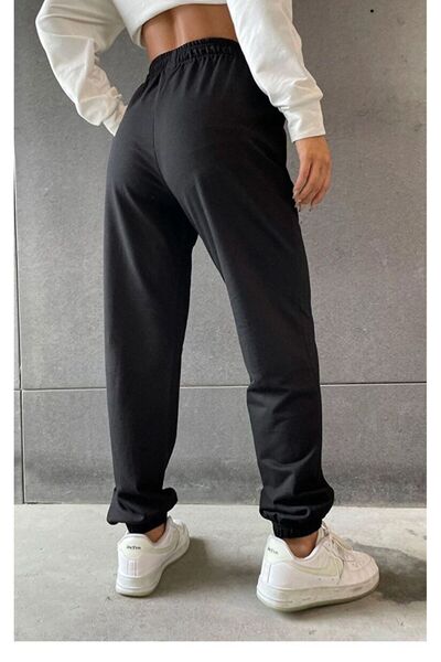 caddekombin Women's Smiley Smile Printed Jogger Leg Elastic Comfortable Fit Black Sweatpants