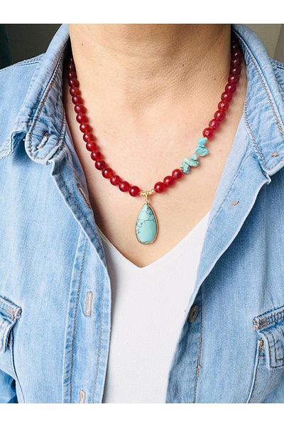 DEVİ fashion Turquoise and Agate Natural Stone Necklace 48 cm