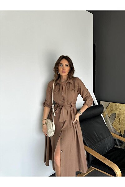 Genel Markalar Kahve Kuşaklı Düğmeli Safari Elbise
