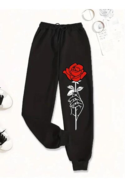 caddekombin Γυναικείο κόκκινο τριαντάφυλλο με τύπωμα Jogger Comfort Fit Μαύρο...