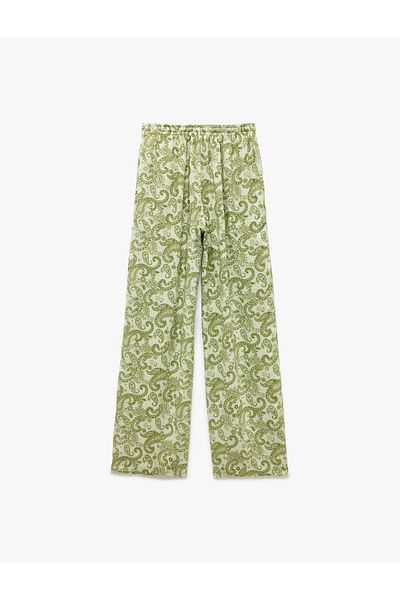 Koton Viscose Laced Waist Patterned Straight Leg Trousers