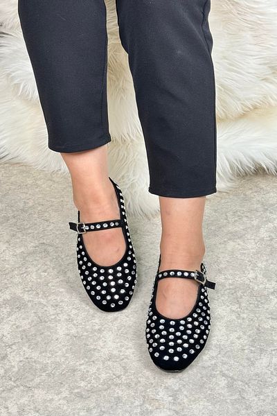 İmerShoes Stone Detailed Black Suede – každodenní pohodlné balerínky 287
