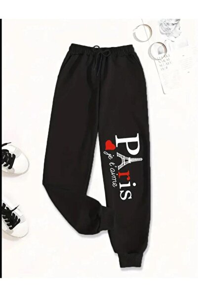 caddekombin Γυναικείο παντελόνι Paris με τύπωμα Jogger Comfort Fit Mold Μαύρο