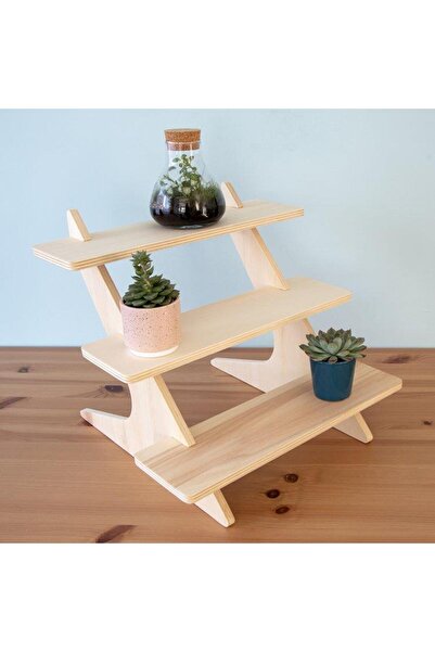 MAVİ TREND Ahşap Üç Katlı Raflı Sergileme Tezgahı Standı Sunum Sehpası, Ahşap...