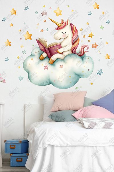 efekt reklam Unicorn Theme Kids Room Sticker Set - Unicorns on a Cloud Reading a Book