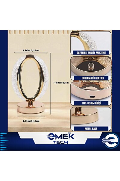 PİNK İTHALAT Dekoratif Kristal Şarjlı Oval Masa Lambası, Gold Led Abajur Ikili Set, Dokunmatik 3 Renk Modu