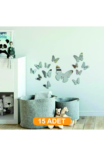 şamaksesuar ( 15 Adet ) Dekoratif 1 Mm Ayna Gümüş Pleksi Kelebek Duvar Süsü (...