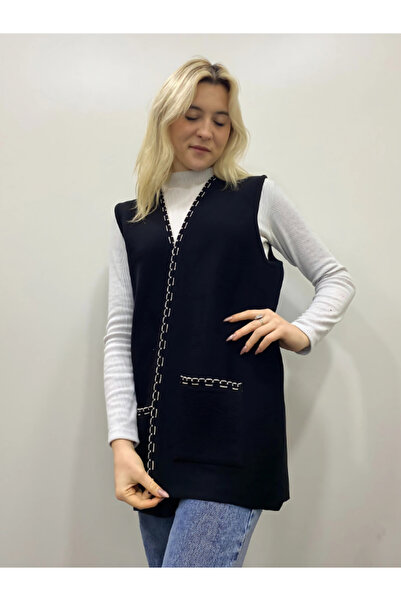 GLCN by Gülcan Çelik Örgü Siyah Renkte Bedenli Düğmesiz  Yelek