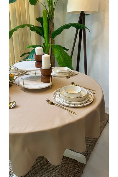 Decamor home Linen Fabric Beige Round Tablecloth Stain Resistant Water Repellent Feature Dartless Table Cloth