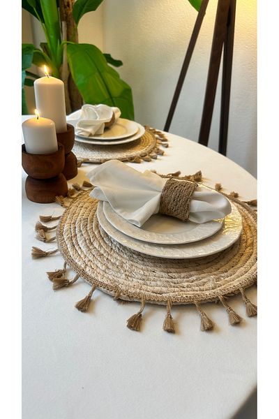 Decamor home Στρογγυλή φούντα Ψάθινη Αμερικάνικη Σερβίρισμα Ψάθινη Πιάτο 6 τεμαχίων