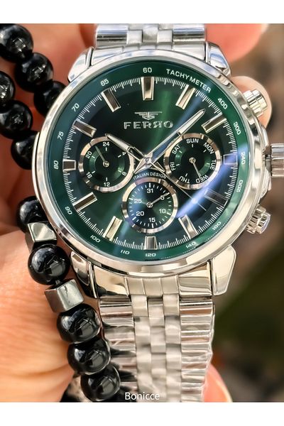 FERRO Functions Active, Silver Color Steel Band, Green Dial Men's Wrist Watch Rosary Bracelet