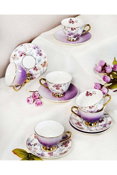 Paçi yaldızlı çiçek desenli 6 kişilik fincan takımı