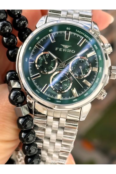 FERRO Functions Active, Silver Color Steel Band, Green Dial Men's Wrist Watch Rosary Bracelet