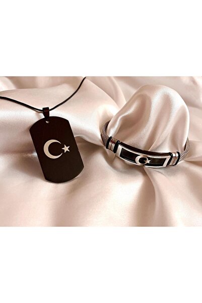 Bay hediye Ay Yıldız Türk Bayrağı Figürlü Çelik Kolye&Bileklik Set