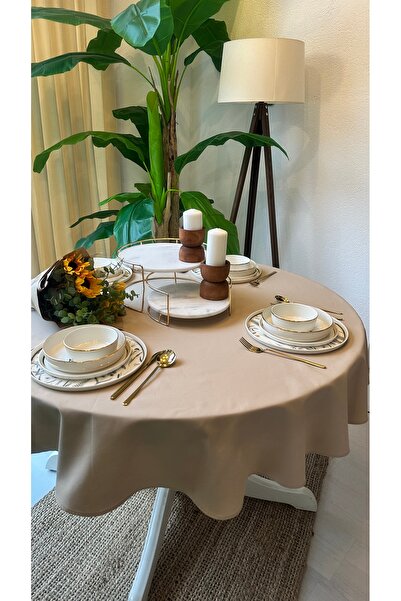 Decamor home Cotton Fabric Beige Round Tablecloth Stain-Resistant Water-Repellent Feature Worry-Free Table Cover