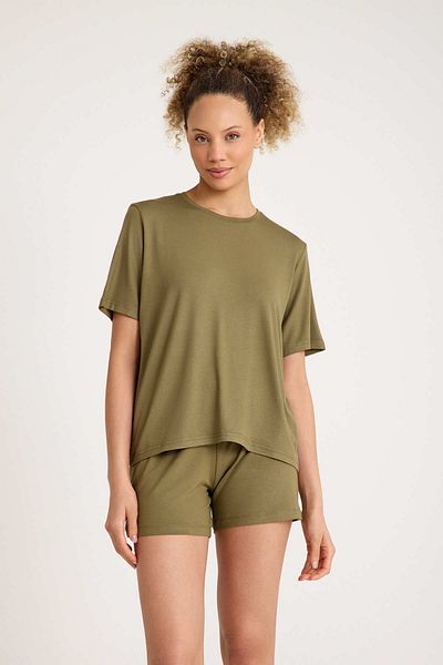 No52 HomeWear Oil Green Premium Quality Shorts T-Shirt and Pajama Set - 90% Cotton and 10% Elestan