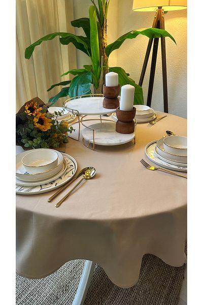 Decamor home Linen Fabric Beige Round Tablecloth Stain Resistant Water Repellent Feature Dartless Table Cloth