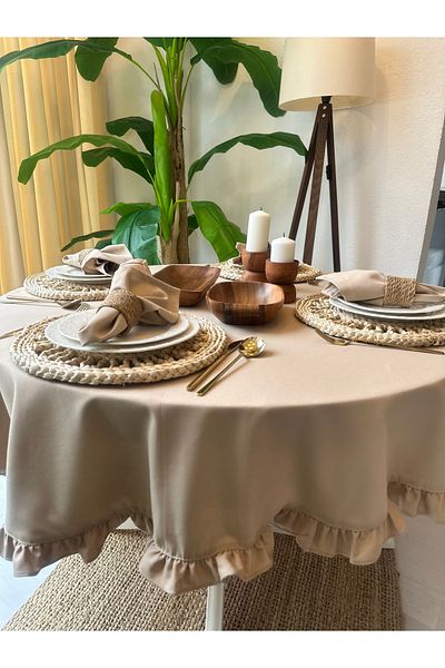 Decamor home Vintage Beige Frilly Round Table Cloth Water Repellent Stain Resistant Worry Free Fabric