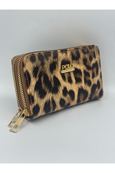 KIRASE Portofel de damă leopard cu fermoar dublu de mărime medie, elegant, de...