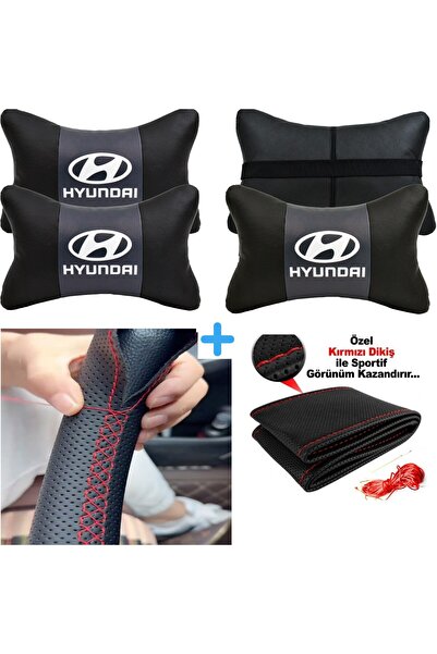 Hyundai i20 2 Pieces car seat neck pillow and imported leather steering wheel cover with black dot