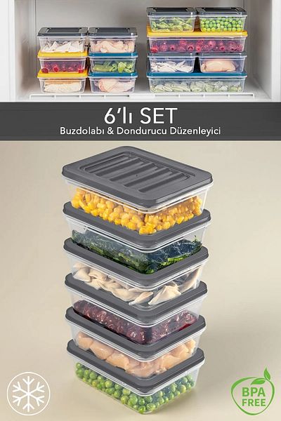SAVLAR 6-Piece Anthracite Refrigerator Organizer - Suitable for Microwave and Freeze, 600 ml Storage Container