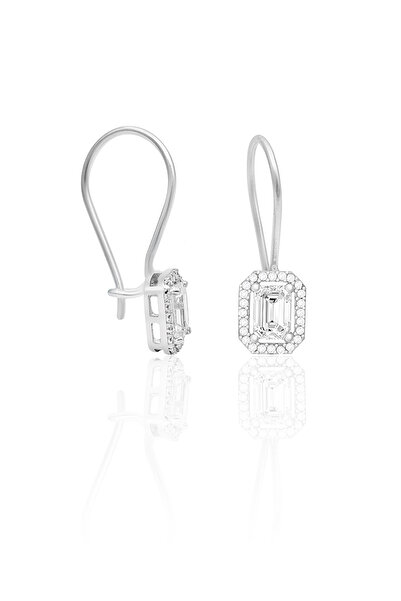 SİLVERA TELKARİ Gümüş Baget Taşlı Çengelli Küpe Rodyumlu 925 Ayar ST063