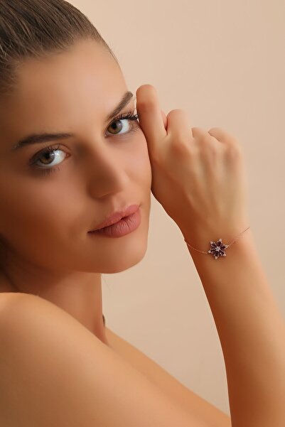 Bilsen Store Işıklı Hediye Kutulu Gümüş Zincirli 925 Ayar Rose Kaplama Amatis Lotus Çiçeği Bileklik