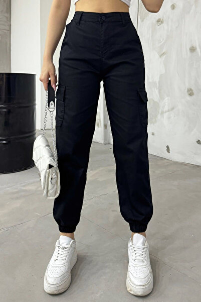 MissThetis Yandan Kargo Cepli Yüksek Bel Düğmeli Fermuarlı Paçası Lastikli Es...