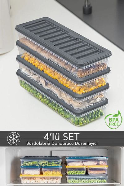 SAVLAR 4-Piece Anthracite Refrigerator Organizer - Freezer and Microwave Compatible Storage Container 4 X 1170 ml